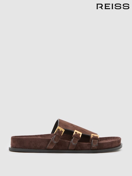Reiss Chocolate Lauren Suede Buckle-Strap Slip-On Sandals (Y00550) | 1,161 QAR
