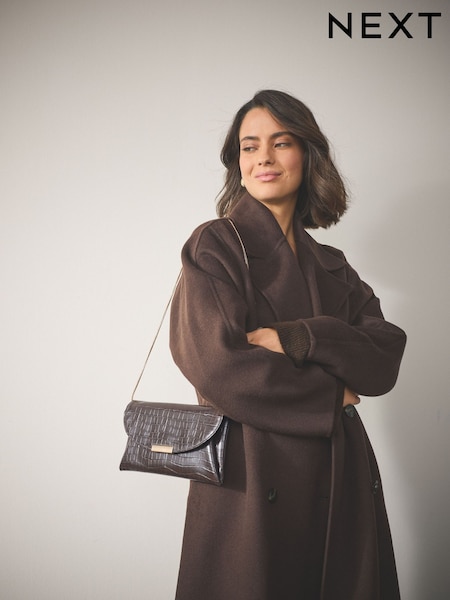 Chocolate Brown Gloss Croc Effect Clutch Bag (Y00686) | 85 QAR