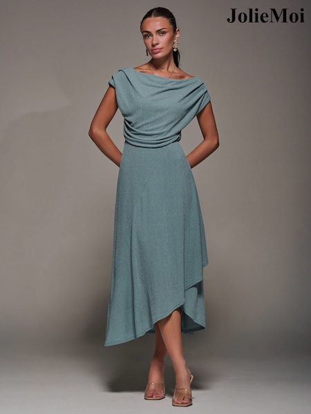 Jolie Moi Navy Blue Textured Jersey Asymmetric Midi Dress (Y00694) | €92