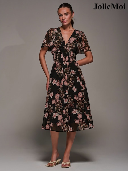 Jolie Moi Black Chiffon Tie Back Detail Midi Dress (Y00695) | €95