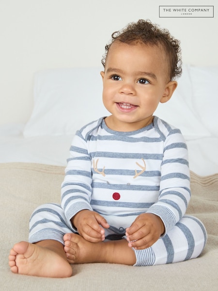 The White Company Blue Cotton Jingles Stripe Sleepsuit (Y00860) | R$ 215