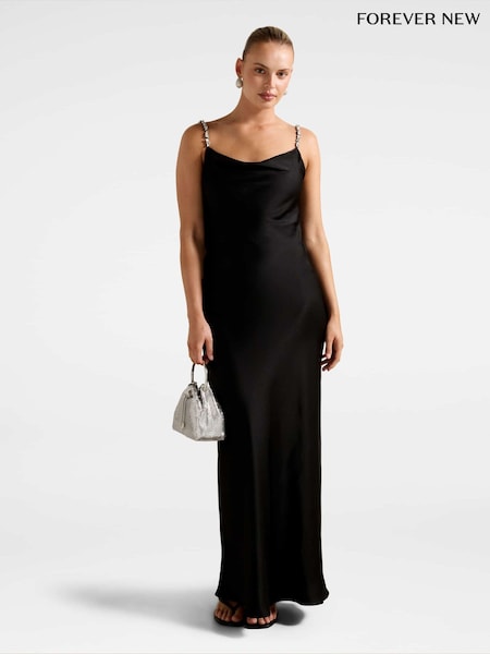 Forever New Black Presley Diamante Strap Satin Maxi Dress (Y01123) | €159