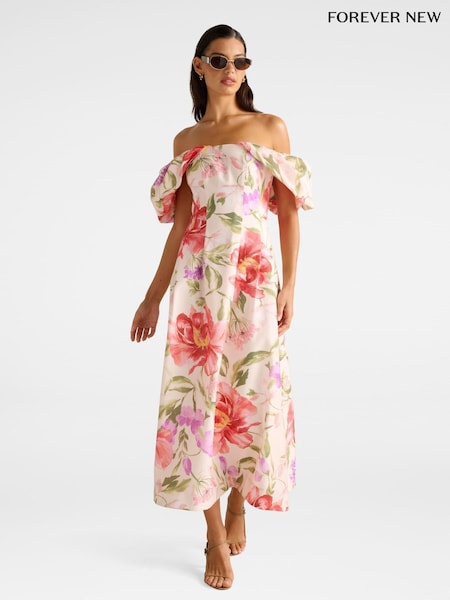 Forever New Cream Janie Off Shoulder Contains Linen Midi Dress (Y01131) | €154