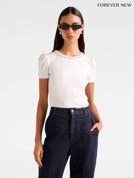 Forever New White Emilia Embellished Neck T-Shirt (Y01138) | €51