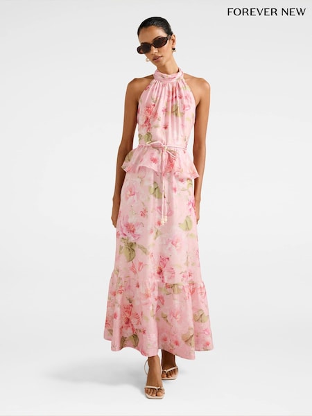Forever New Petite Serena Halter Neck Peplum Contains Linen Midi Dress (Y01140) | R$ 1.185