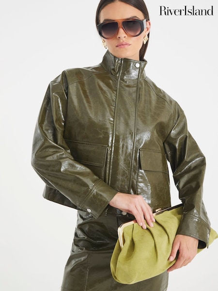 River Island Green Funnel Neck Distressed Faux Leather Bomber Jacket (Y01207) | €69