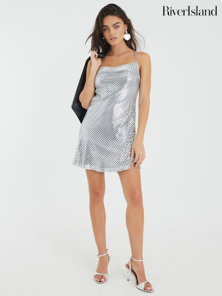 River Island Silver Sequin Cowl Neck Mini Dress (Y01214) | AED361