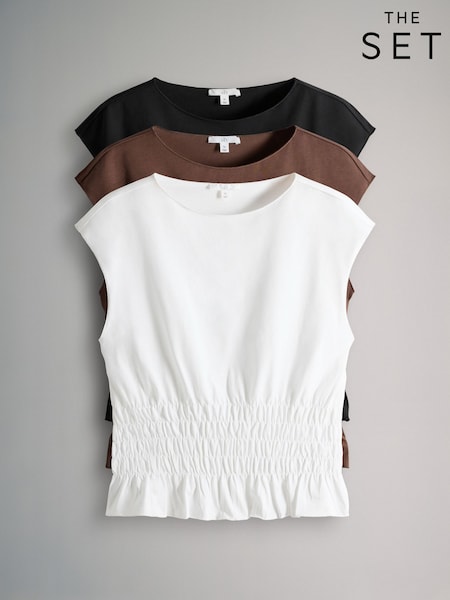 The Set Black/White/Brown 3 Pack Shirred Grown On Sleeve T-Shirts (Y01267) | 141 QAR