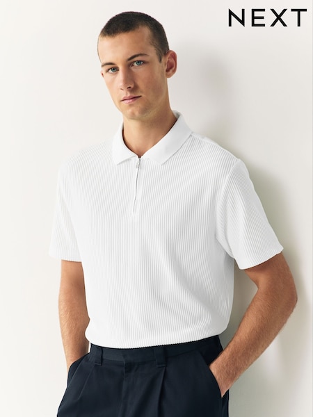 Ecru White Textured Smart Zip Neck Polo Shirt (Y01356) | €34