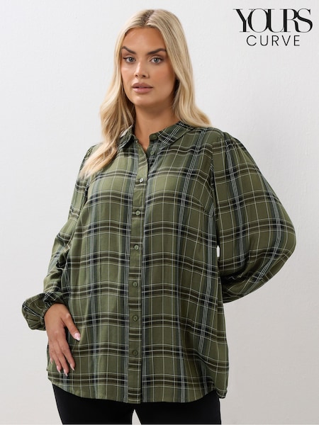 Yours Curve Green Balloon Sleeve Check Blouse (Y01384) | €36