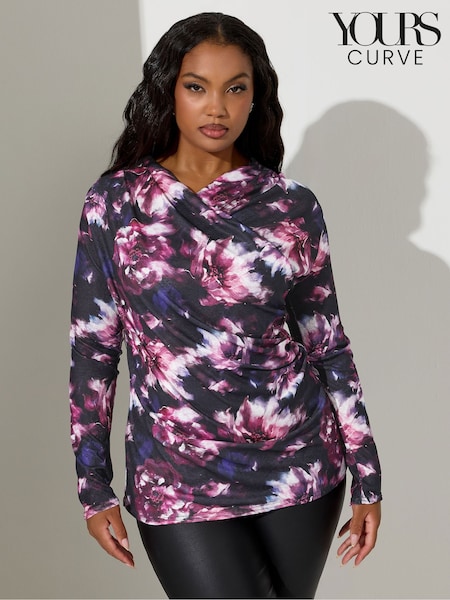 Yours Curve Purple London Floral Print Text Wrap Top (Y01423) | €52