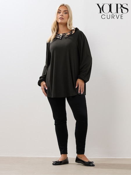 Yours Curve Black Collared Ribbed Balloon Sleeve Top (Y01431) | €37