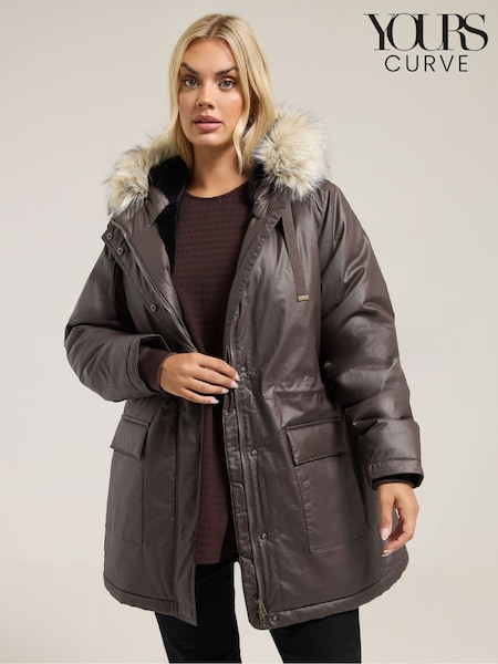 Yours Curve Brown Waxy Luxe Parka Coat (Y01437) | €106