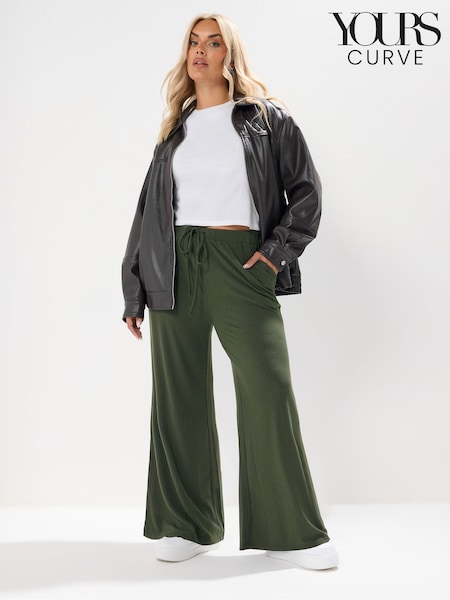 Verde - Yours Curve Wide Leg Ribbed Pull On Trousers (Y01440) | R$ 265