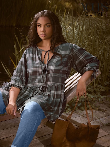 Yours Curve Brown Check Tie Front Peplum Top (Y01449) | €44