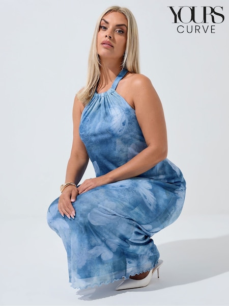 Yours Curve Blue Limited Halter Neck Butterfly Dress (Y01454) | €47