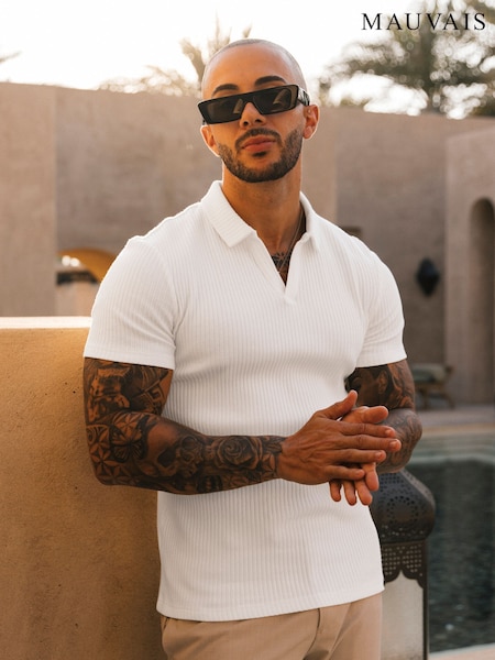 MAUVAIS White Elysee Ribbed Revere Polo (Y01692) | €50