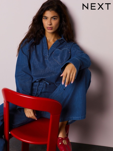 Mid Blue Heart Pocket Detail Overhead Denim Shirt (Y01766) | 179 QAR