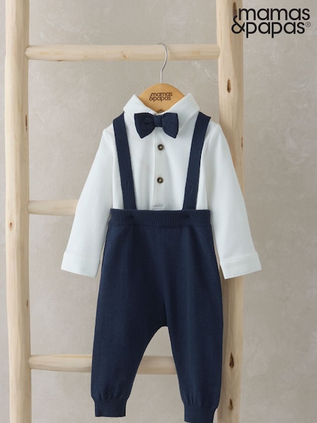 Mamas & Papas Blue Bow Tie Braces Bodysuit & Trousers Outfit Set (Y01778) | €44