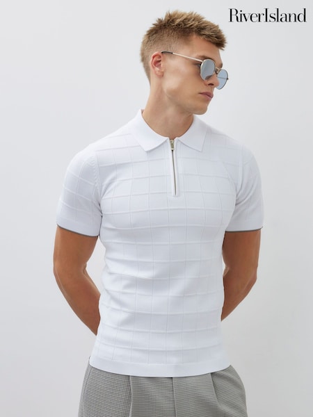 River Island White Grid Textured Muscle Fit Knit Polo Shirt (Y01875) | €45