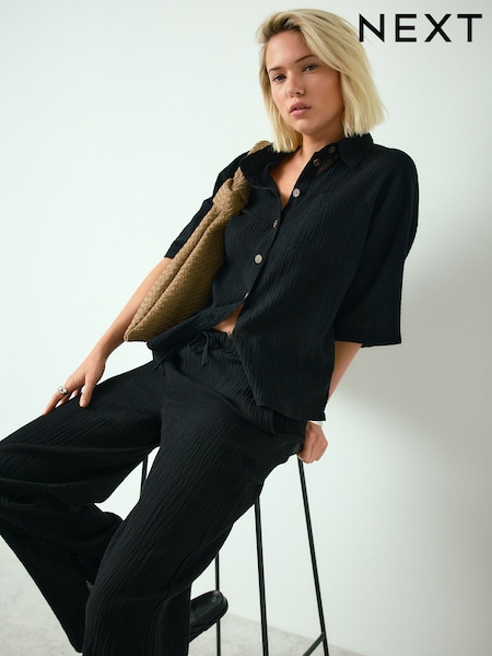 黑色 - Textured Short Sleeve Shirt With Linen