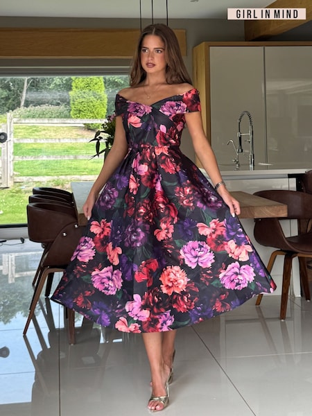 Girl In Mind Black Dark Floral Print Daphne Off The Shoulder Skater Midi Dress (Y02048) | 297 QAR
