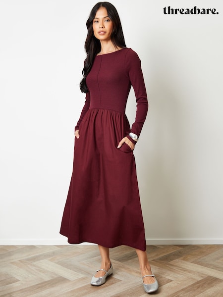 Threadbare Red 2-in-1 Jersey Poplin Mix Slash Neck Long Sleeve Dress (Y02385) | €48