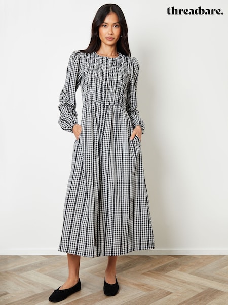 Threadbare Black Gingham Check Shirred Detail Midi Dress (Y02393) | €56