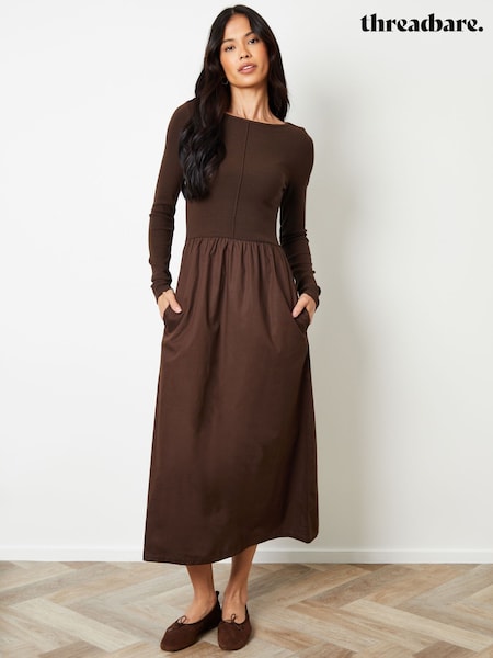Threadbare Brown 2-in-1 Jersey Poplin Mix Slash Neck Long Sleeve Dress (Y02399) | €48