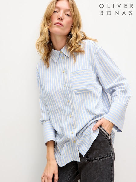 Oliver Bonas Blue Yellow & Blue Button Up Striped Shirt (Y02648) | AED349