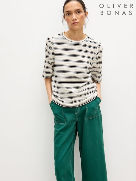 Oliver Bonas Black Pointelle Striped T-Shirt (Y02652) | AED221