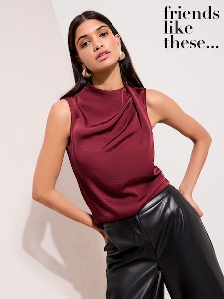 Friends Like These Red Sleeveless Drape Detail Satin Blouse (Y02728) | AED148