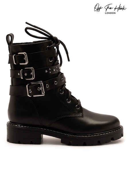 Svart - Off The Hook Gothel Leather Combat Boots With Buckle And Lace-up Detail