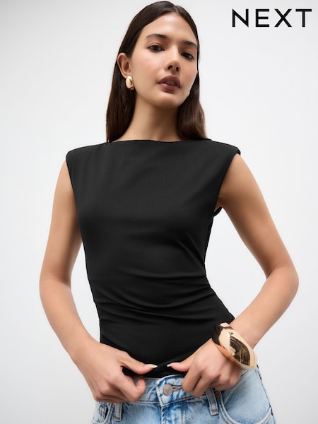 Black Soft Touch Polyamide Shoulder Padded Sleeveless Top (Y02911) | €32.50