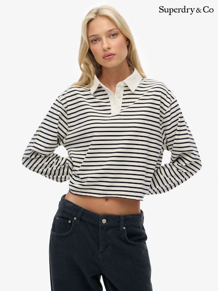 Superdry Cream Stripe Athletic Essential Cropped Stripe Rugby Shirt (Y02955) | $87
