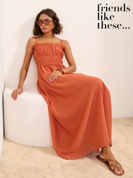 Amber Orange - Friends Like These Strappy Shirred Waist Button Detail Sheer Midi Dress