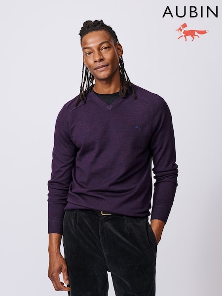 Aubin Purple Burnham Merino V-Neck Jumper (Y03415) | AED518
