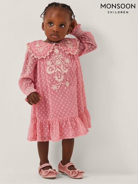 Monsoon Pink Baby Polka Dot Embroidered Collar Dress (Y03443) | AED213 - AED242