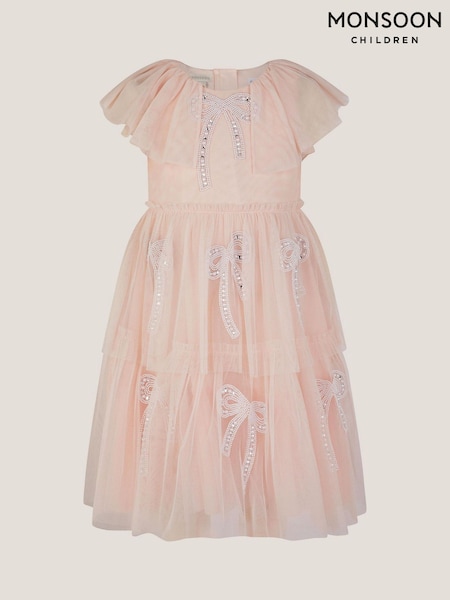 Monsoon Pink Cape Sleeve Embellished Bow Ruffle Dress (Y03447) | €66 - €79