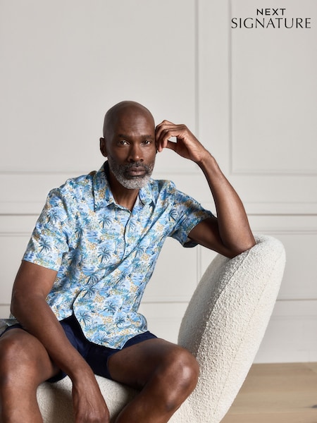 Azul con palmeras - Regular Fit Signature Liberty Print Short Sleeve Shirt