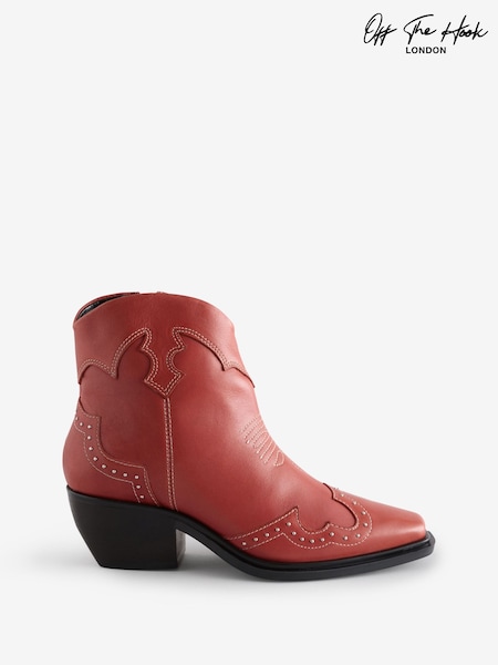Off The Hook Red Grange Western Block Heel Leather Ankle Boots (Y03883) | AED291