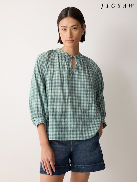 Jigsaw Green Relaxed V-Neck Checked Blouse (Y03958) | €126