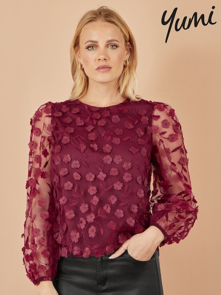 Yumi Red Sheer Sleeve Appliqué Flower Top (Y03962) | AED291