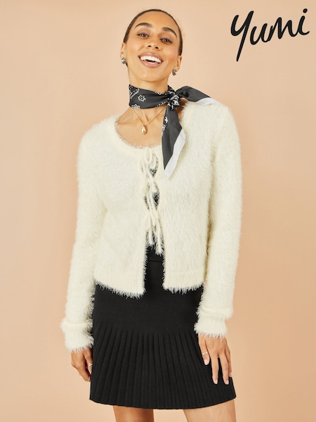 Yumi Cream Eyelash Fluffy Knit Bolero Dress With Tie Front (Y03963) | €66