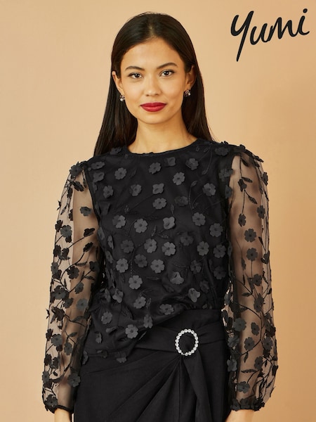 Yumi Black Sheer Sleeve Appliqué Flower Top (Y03974) | AED291