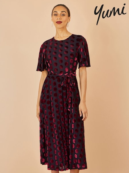 Yumi Red Velour Spot Midi Skater Dress (Y03975) | €92