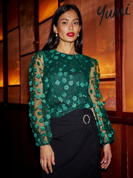 Yumi Green Sheer Sleeve Appliqué Flower Top (Y03977) | AED291