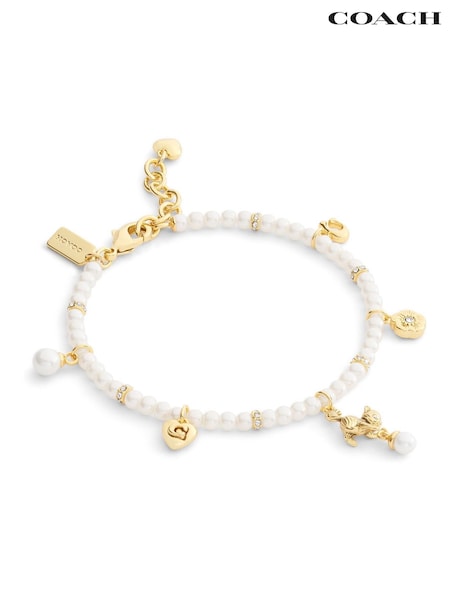 COACH Gold Tone Signature Cat Charm Pearl Strand Bracelet (Y04417) | €191