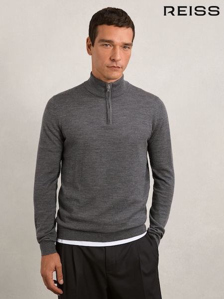 Reiss Derby Grey Melange Blackhall Merino Wool Half-Zip Jumper (Y04682) | €149