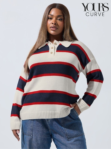 Yours Curve White Limited Stripe Button Knitted Jumper (Y04927) | 153 QAR